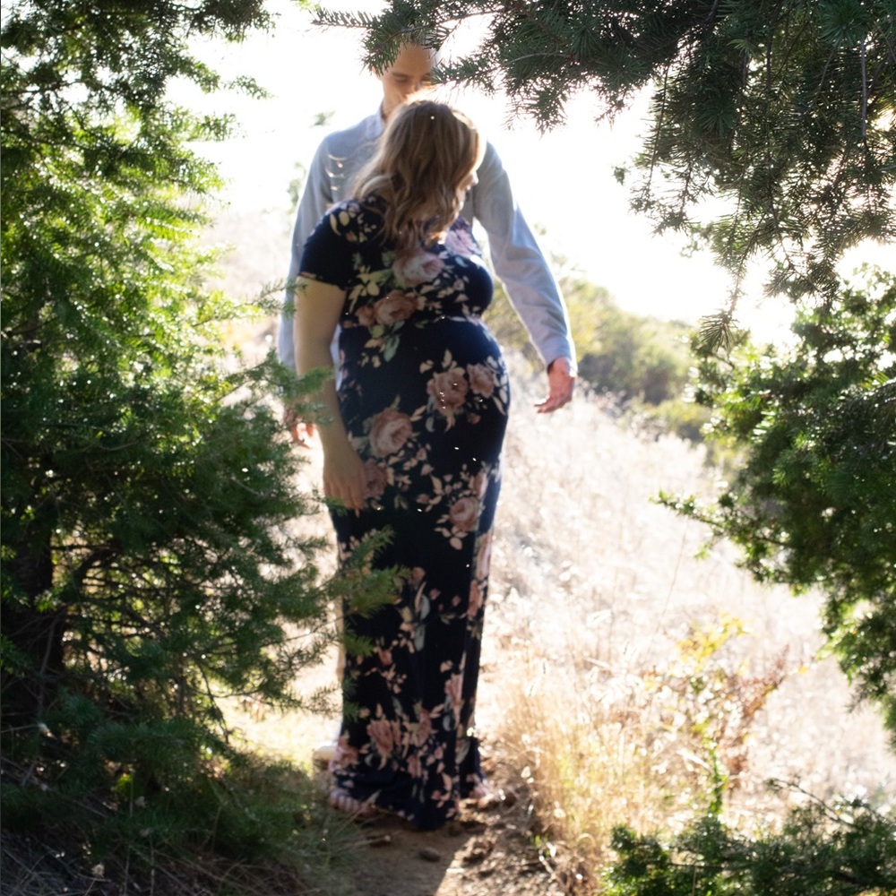 Maternity Navy Dress with Pink Floral Pattern